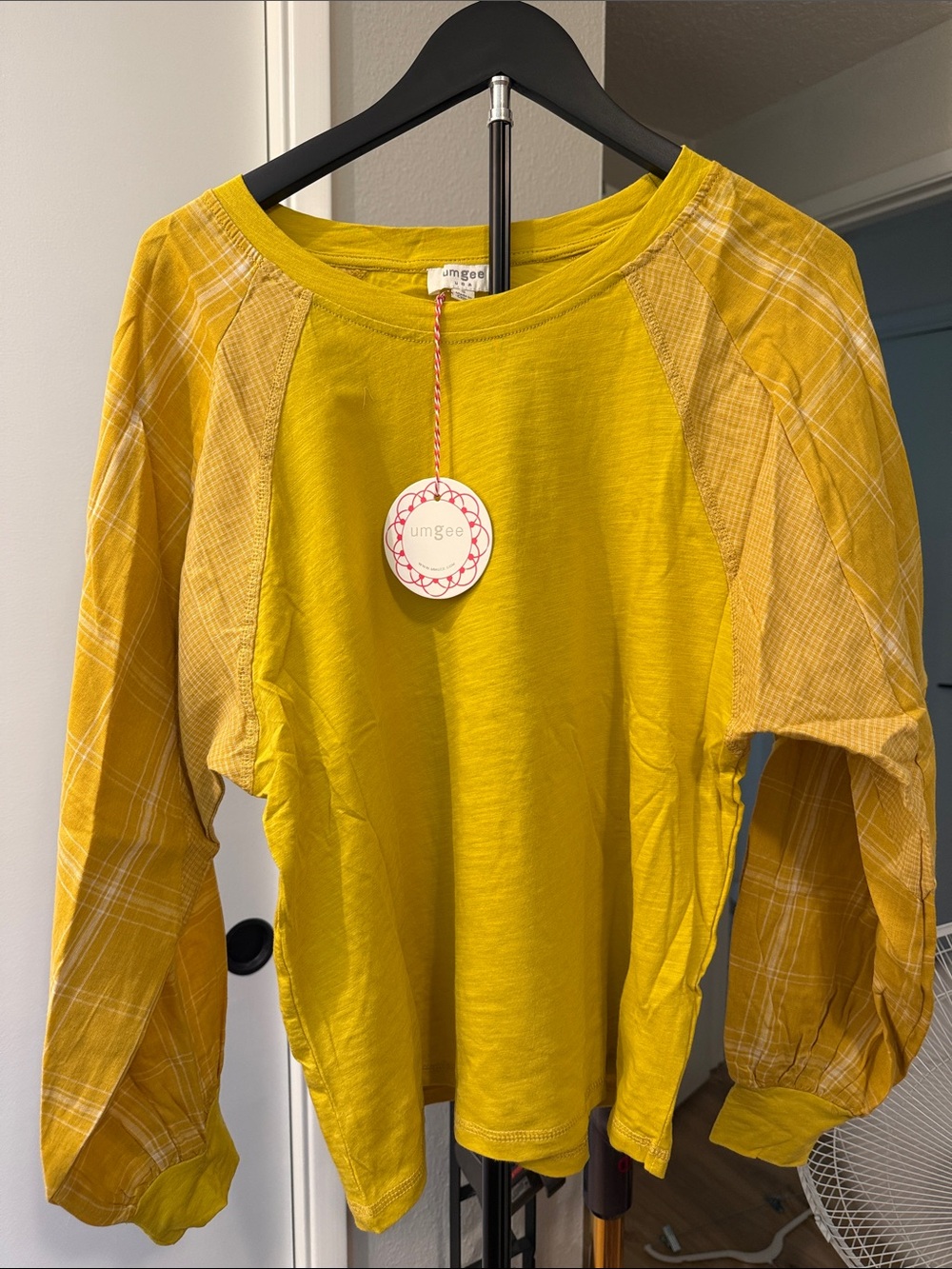 Umgee 100%cotton Yellow Long-Sleeve Top with Plaid Sleeves size S NWT
